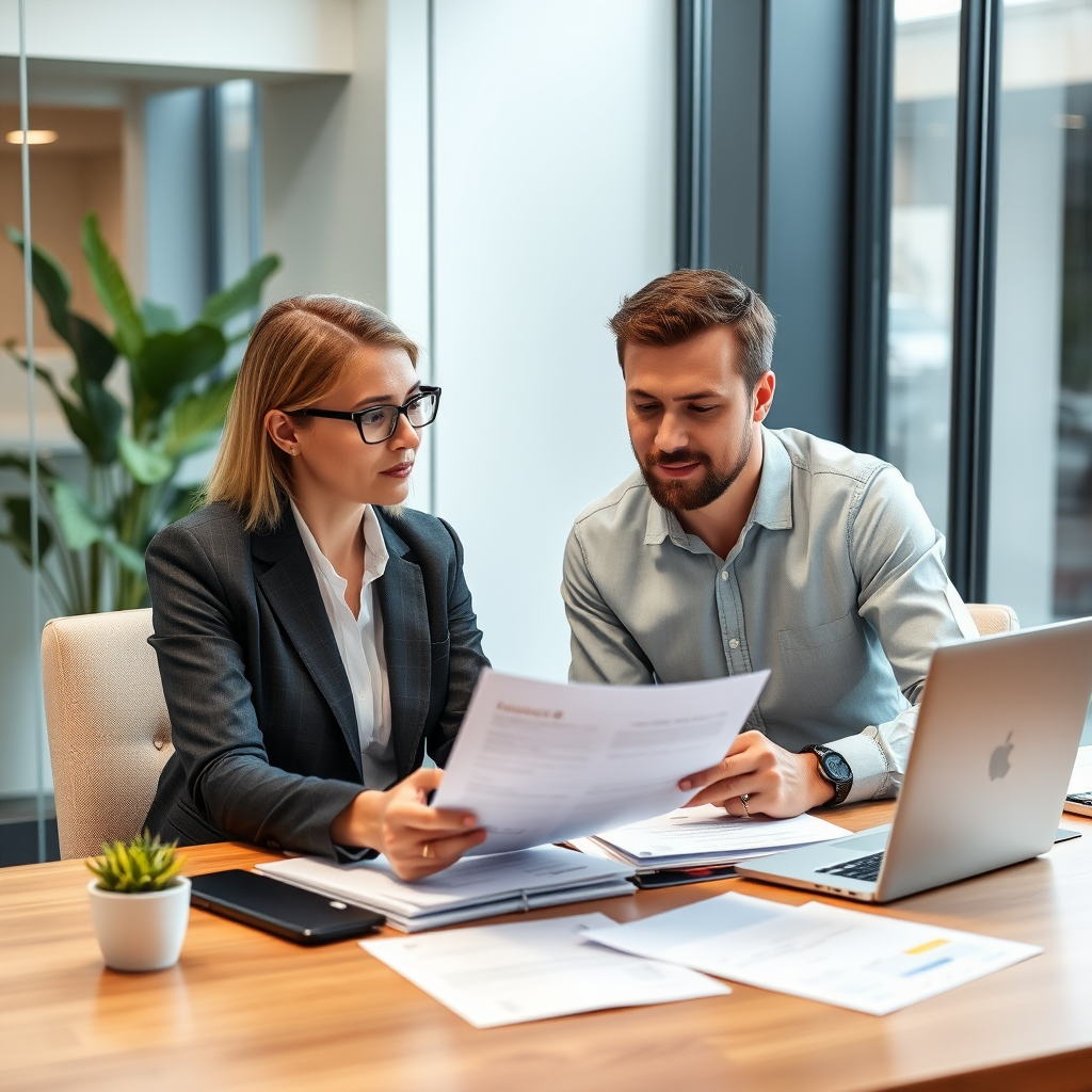 Professional loan advisor consulting with client at modern office desk, reviewing financial documents and loan applications