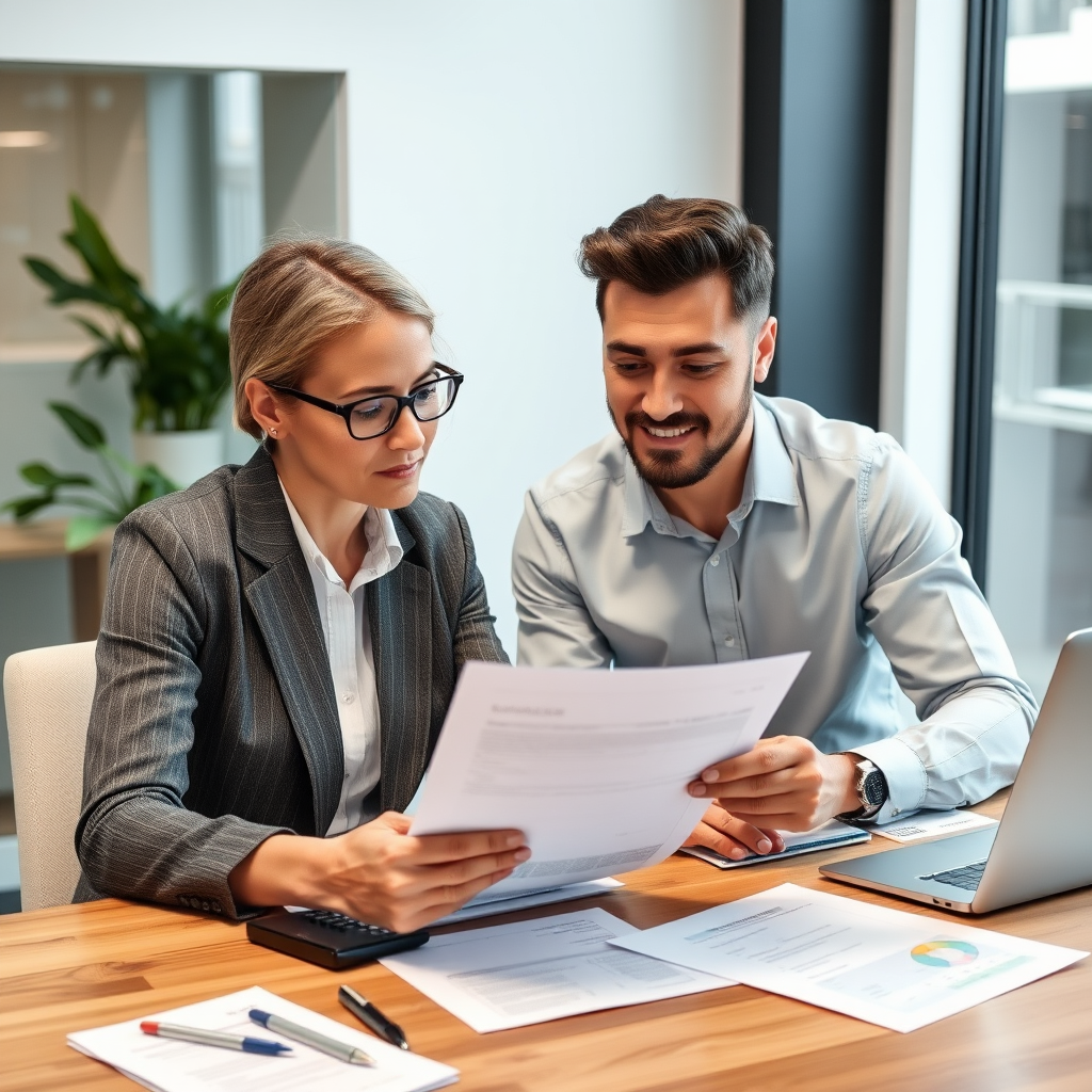 Professional financial advisor reviewing loan documents with client at modern office desk, calculator and paperwork visible