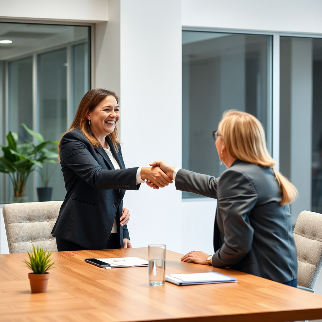 Professional business owner in a modern office shaking hands with a friendly loan officer across a desk, symbolizing successful business loan approval and partnership