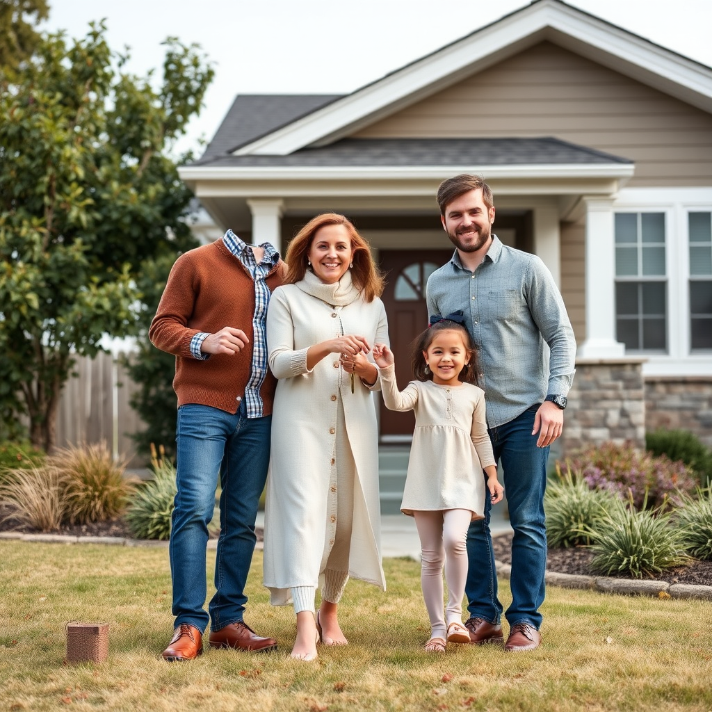 Happy family holding keys in front of new home