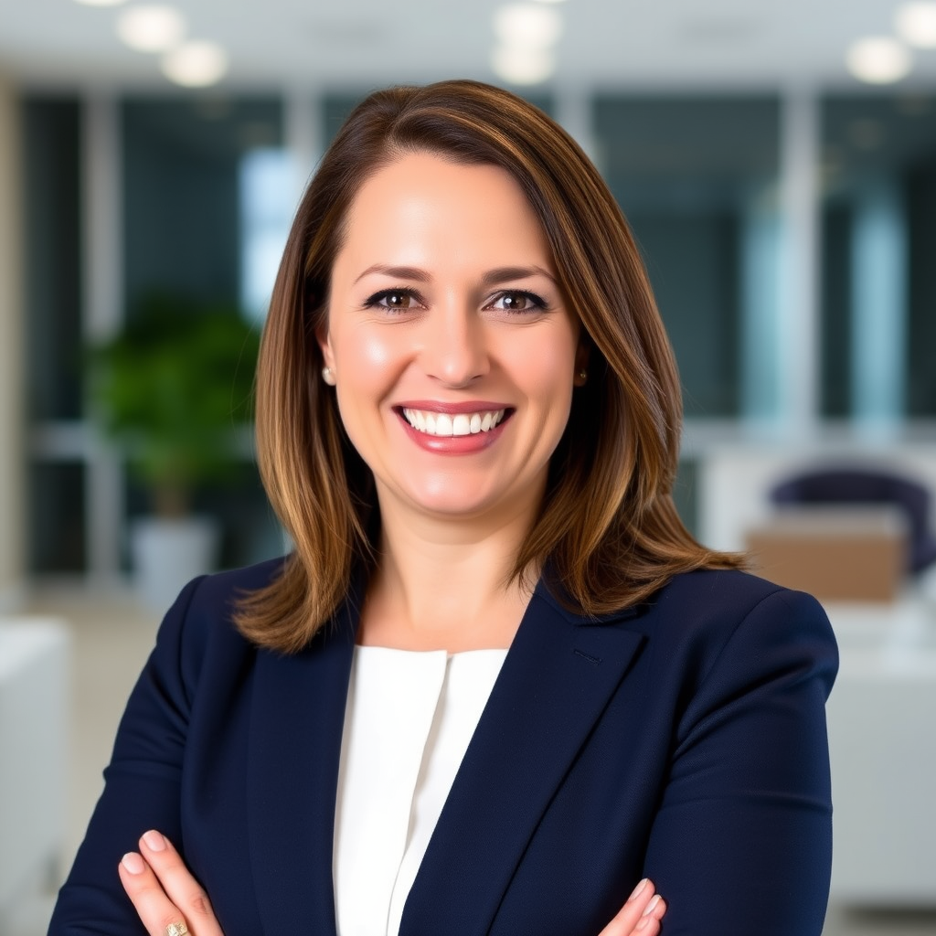 Sarah Mitchell Senior Loan Officer professional headshot showing a confident woman with shoulder-length brown hair, wearing a navy blue blazer and white blouse, smiling warmly at the camera in a modern office setting