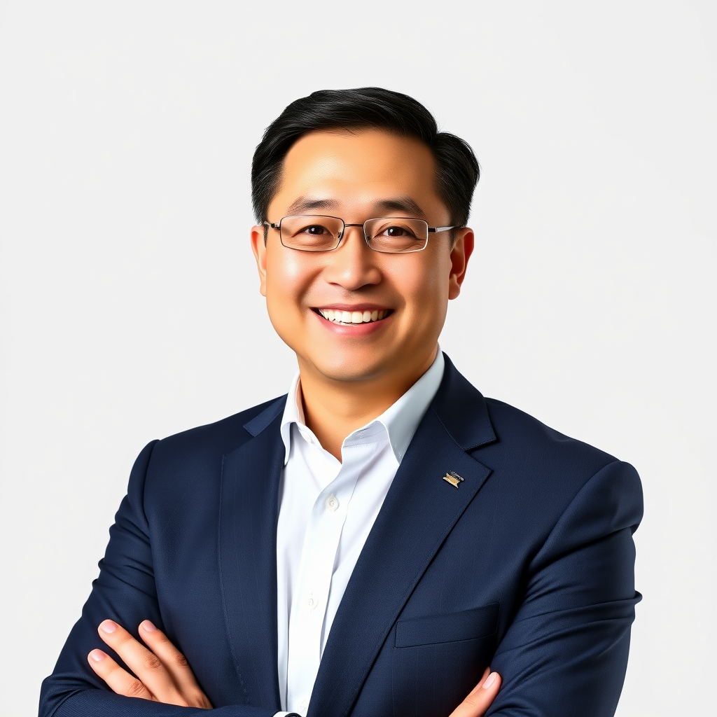 Michael Chen Financial Advisor professional headshot showing a confident middle-aged Asian man in a navy business suit with a warm smile, photographed against a clean white background
