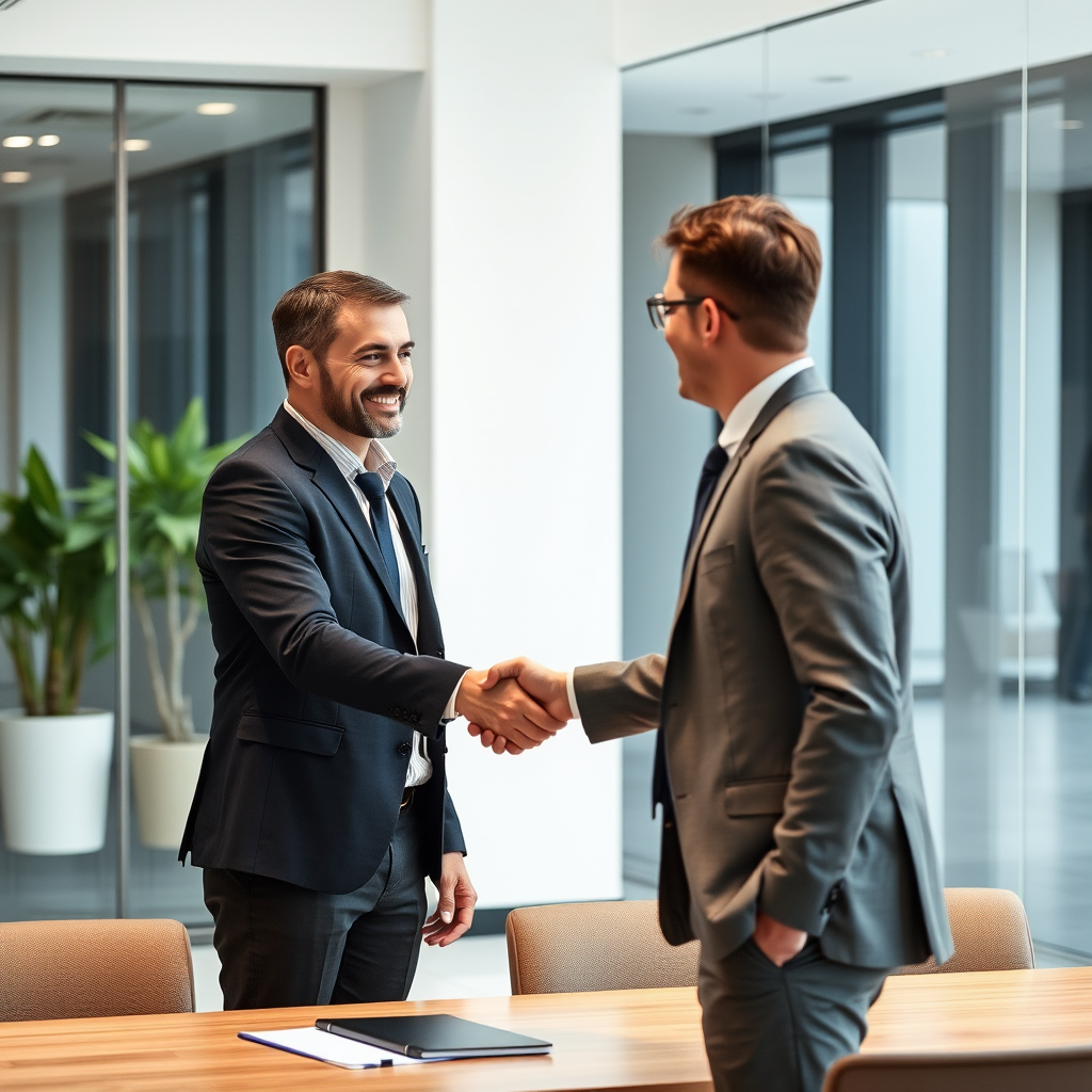Successful business owner shaking hands with financial advisor in modern corporate office setting, discussing business loan opportunities