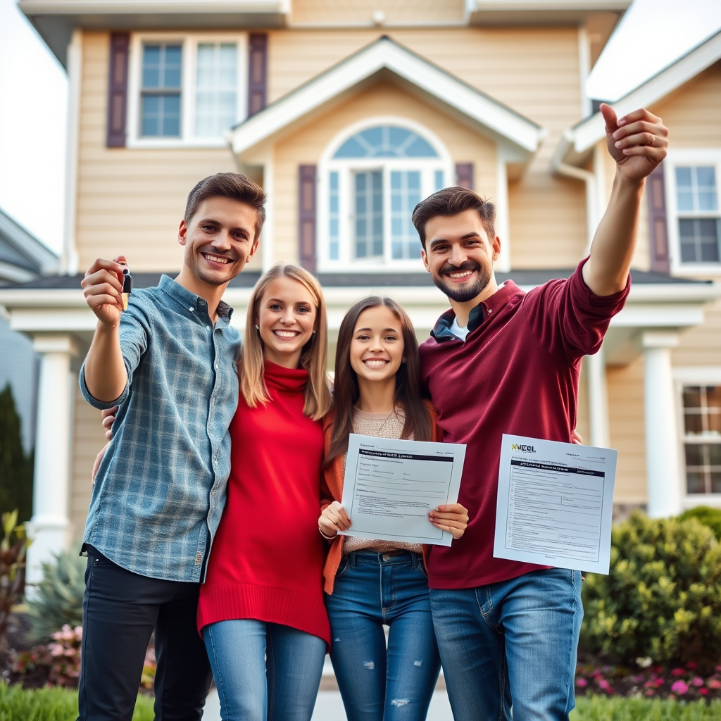 Happy young family holding house keys and celebrating in front of their beautiful new home with mortgage approval documents